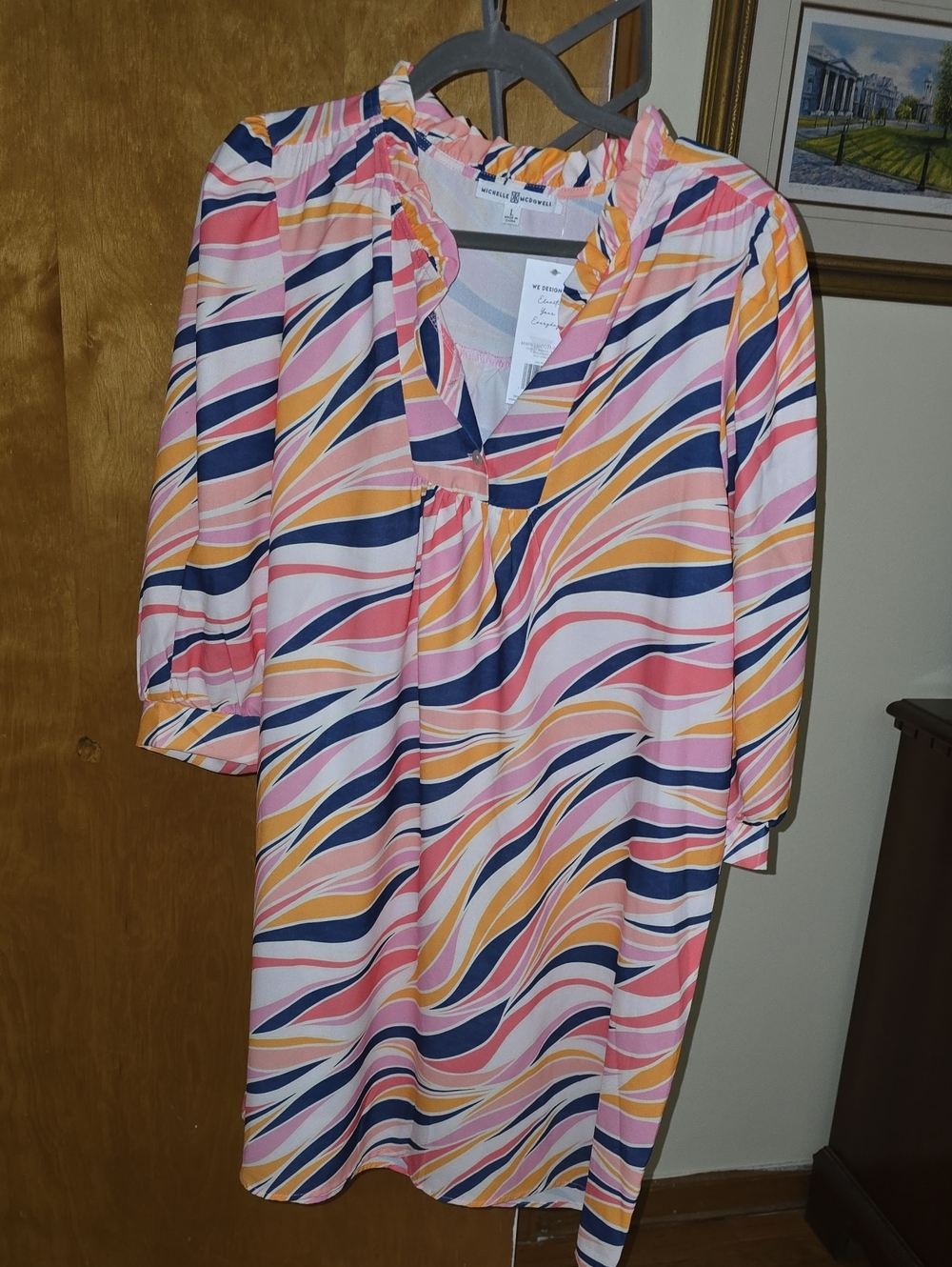 Women’s Multicolor Wave-Print Shift Dress - Pink & Navy